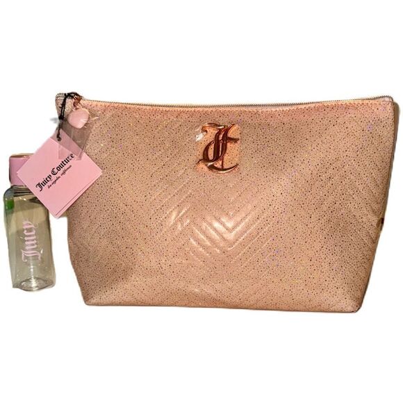 Juicy Couture Pink Glitter Monogram Cosmetic Makeup Bag & Travel Toiletry Bottle - Picture 2 of 16